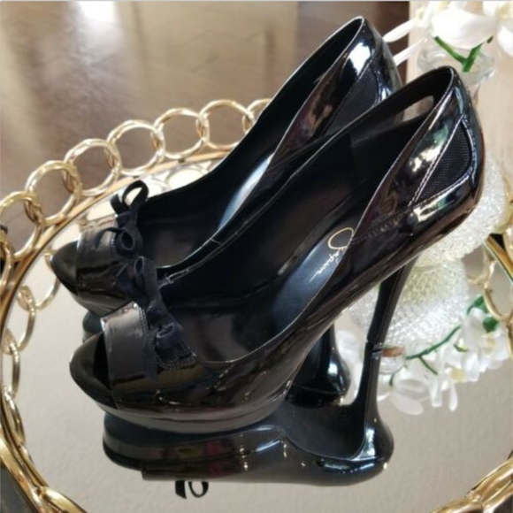Jessica Simpson Size 8B Black Patent Leather Shoes peep toe bow - Picture 5 of 12